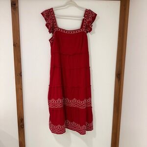Knox Rose Embroidered Tiered Midi Dress Women XL Red Flutter Sleeve | Boho